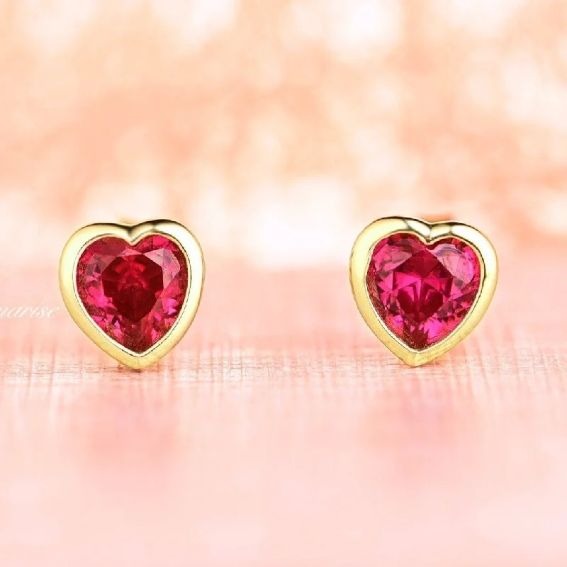 women's earrings with antique-style design -Heart Ruby Earrings- 14K Yellow Gold Vermeil