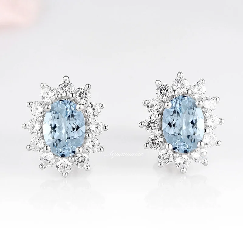 women's earrings with multi-stone design -Diana Halo Oval Aquamarine Stud Earrings- Sterling Silver