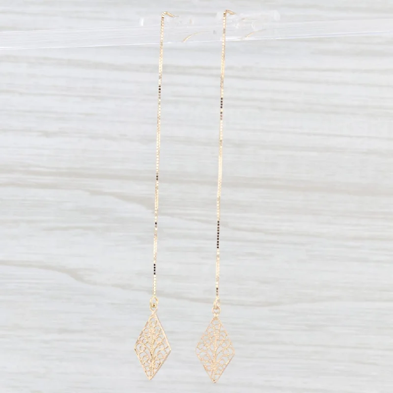 women's earrings with sparkling zirconia -Filigree Dangle Threader Earrings 14k Yellow Gold