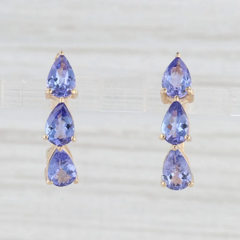 women's earrings with heart-shaped gemstone -3.60ctw 3-Stone Tanzanite Drop Earrings 14k Yellow Gold Snap Top