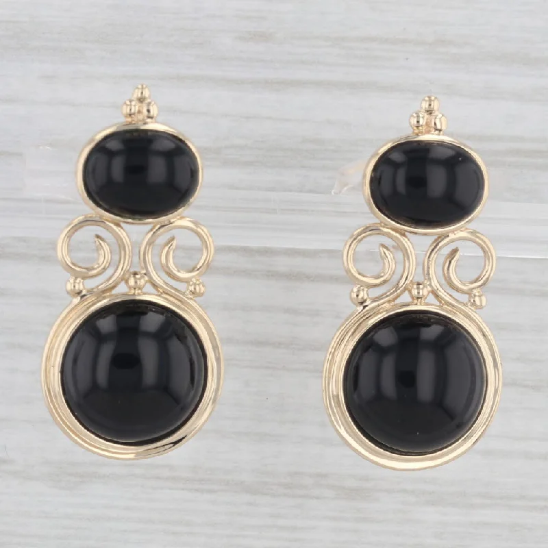 women's earrings with hoop design -Black Onyx Drop Earrings 14k Yellow Gold Vintage