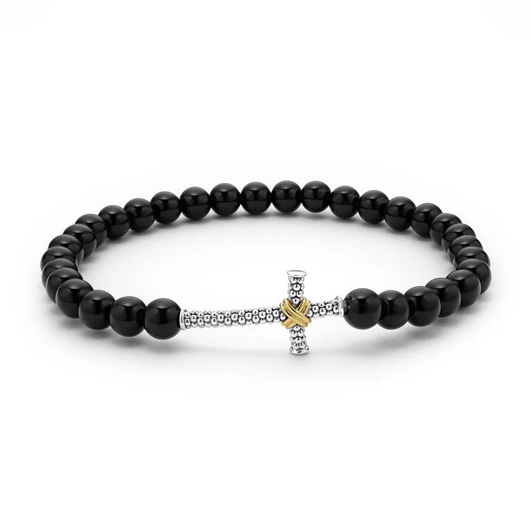 women's bracelets with heart design -Onyx Cross Beaded Stretch Bracelet