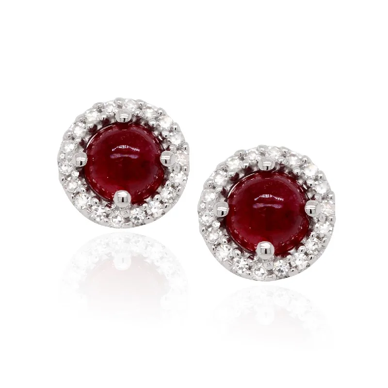 women's earrings with twisted metal -WHITE GOLD CLASSIC RUBY STUD EARRINGS WITH DIAMOND HALO, .10 CT TW