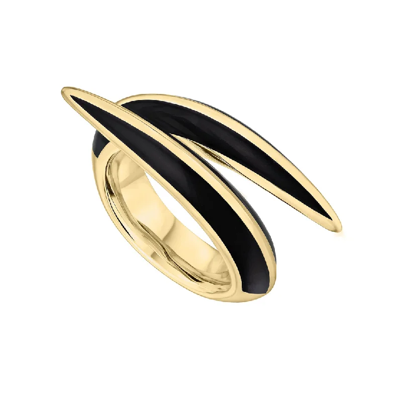 women's rings with stone inlay -Sabre Deco Crossover Ring - Yellow Gold Vermeil & Black Ceramic