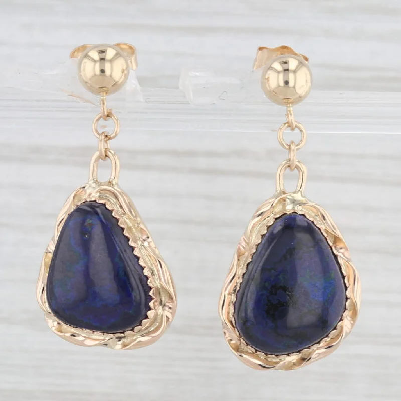 women's earrings with star-shaped design -Blue Azurite Dangle Earrings 14k Yellow Gold Artisan Signed