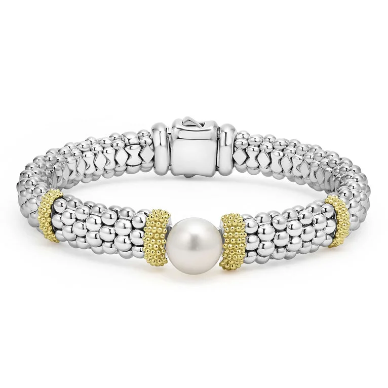 women's bracelets with flower design -Two-Tone Pearl Caviar Bracelet | 9mm