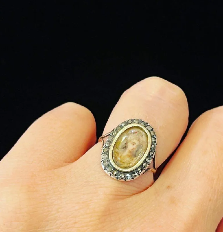 women's rings with double band -GEORGIAN Rock Crystal Miniature Portrait Ring