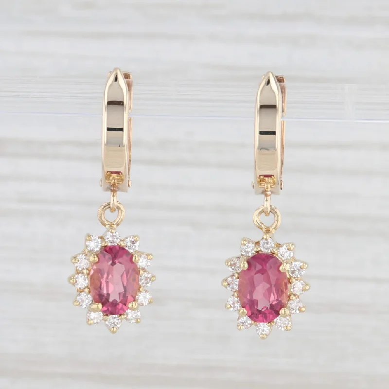 women's earrings with emerald drop -2.11ctw Pink Tourmaline Diamond Halo Dangle Earrings 14k Yellow Gold Snap Top