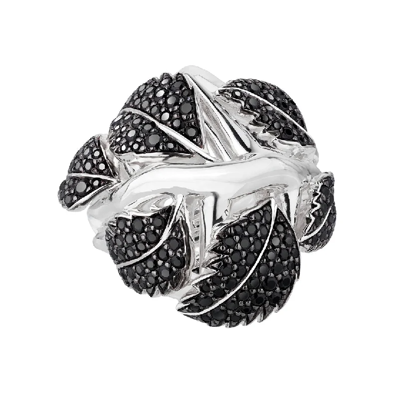 women's rings with bold design -Blackthorn Leaf Ring - Silver & Black Spinel