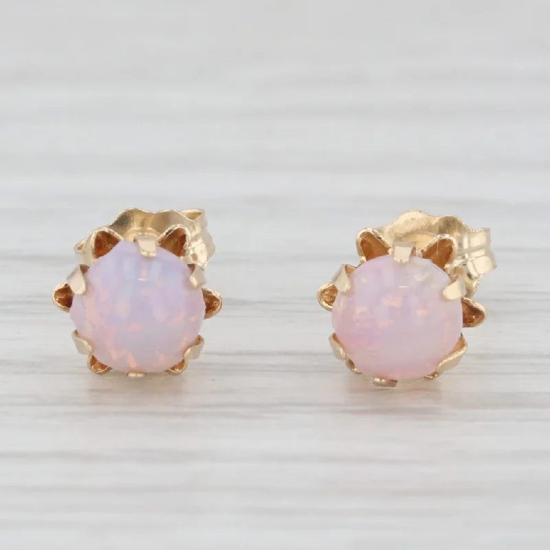 women's earrings with drop chains -Simulated Opal Glass Buttercup Stud Earrings 14k Gold Round Solitaire Cabochons