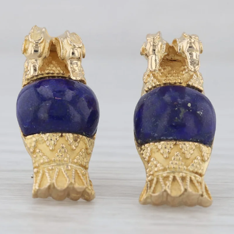 women's earrings with modern elegance -Vintage Blue Lapis Lazuli Double Bird Drop Earrings 18k Yellow Gold Omega Backs