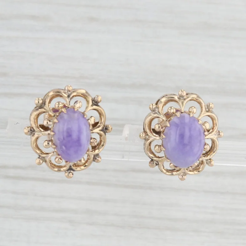 women's earrings with drop gemstone -Lavender Jadeite Jade Earrings 10k Yellow Gold Oval Cabochon Openwork Studs