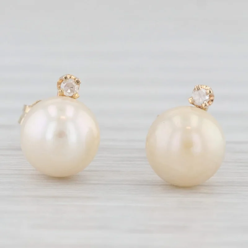 women's earrings gold -Cultured Pearl Diamond Stud Earrings 10k Yellow Gold