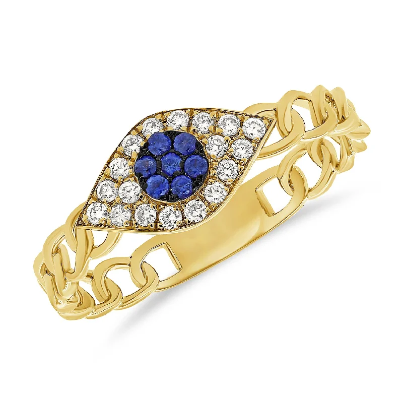 women's engagement rings with radiant diamonds -Bold Evil Eye Chain Ring with Sapphires & Diamonds