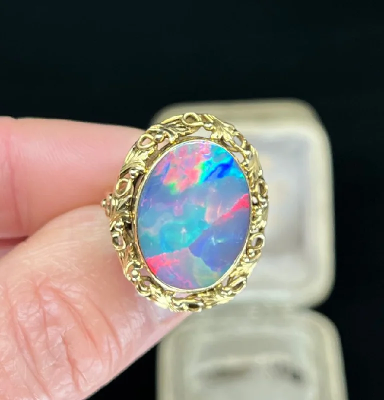 women's rings with band in gold -Antique 1920s Oval Opal Ring in 15ct