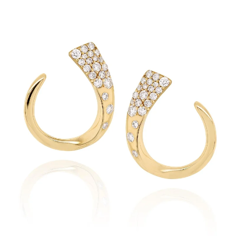 women's earrings with cubic zirconia stones -UNIQUE YELLOW GOLD HOOP EARRINGS WITH 42 ROUND DIAMONDS, .60 CT TW