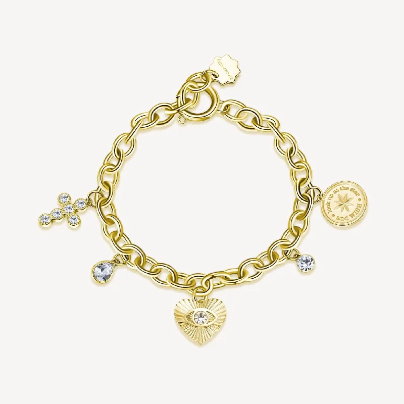 women's bracelets with cubic zirconia -Stainless Steel Gold Tone Chakra Bracelet with Heart  & Cross Charms