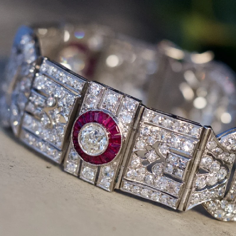 women's bracelets with hammered finish -FINE ESTATE JEWELRY PLATINUM DIAMOND & RUBY HALO BRACELET ANTIQUE 1920'S