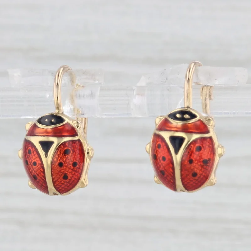 women's earrings silver -Ladybug Drop Earrings 14k Yellow Gold Enamel