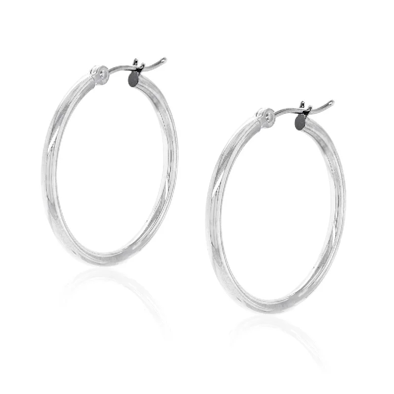 women's earrings with moonstone -WHITE GOLD POLISHED HOOP EARRINGS, 25MM