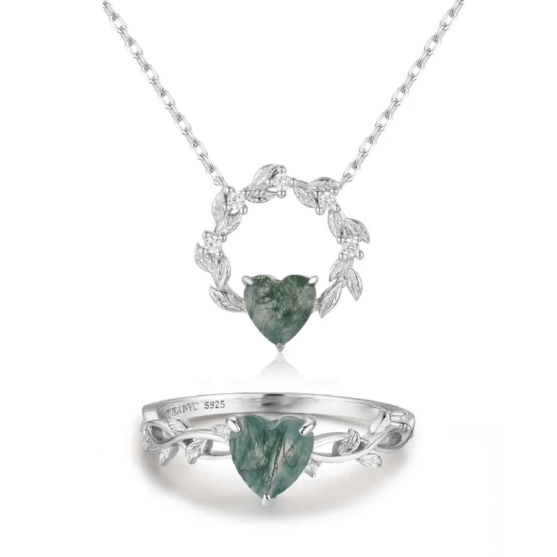 women's necklaces with double pendant -Everlasting Heart© and Heart’s Desire Moss Agate© Ring and Necklace Set