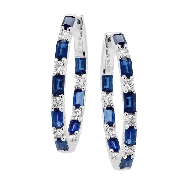 women's earrings with stud design -WHITE GOLD HOOP EARRINGS WITH BAGUETTE SAPPHIRES AND ROUND DIAMONDS, .55 CT TW