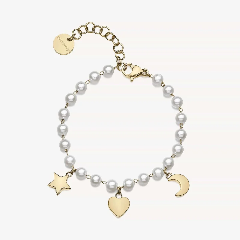 women's bracelets with emeralds -Stainless Steel Gold Tone Bracelet with Crystal Pearls with Moon, Heart, and Star Charms