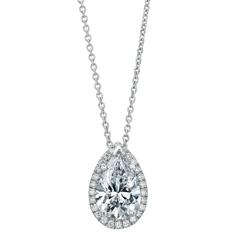 women's necklaces with platinum chain -Pear Shape Diamond Halo Pendant Necklace 18K White Gold