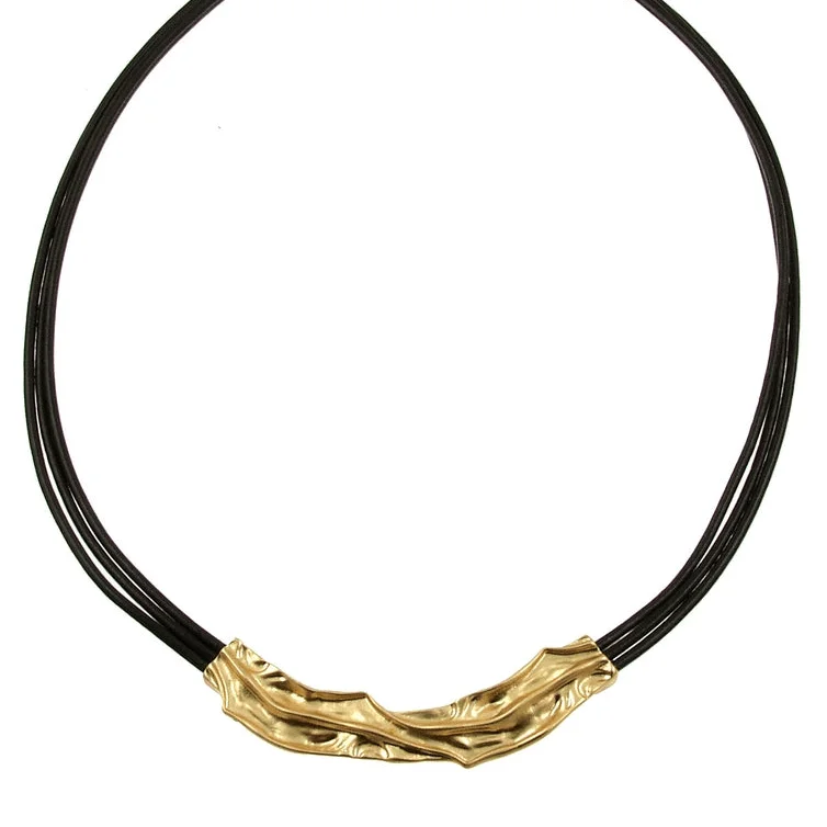 women's necklaces with gemstone accents -Gold Crinkle Bar Black Leather Necklace