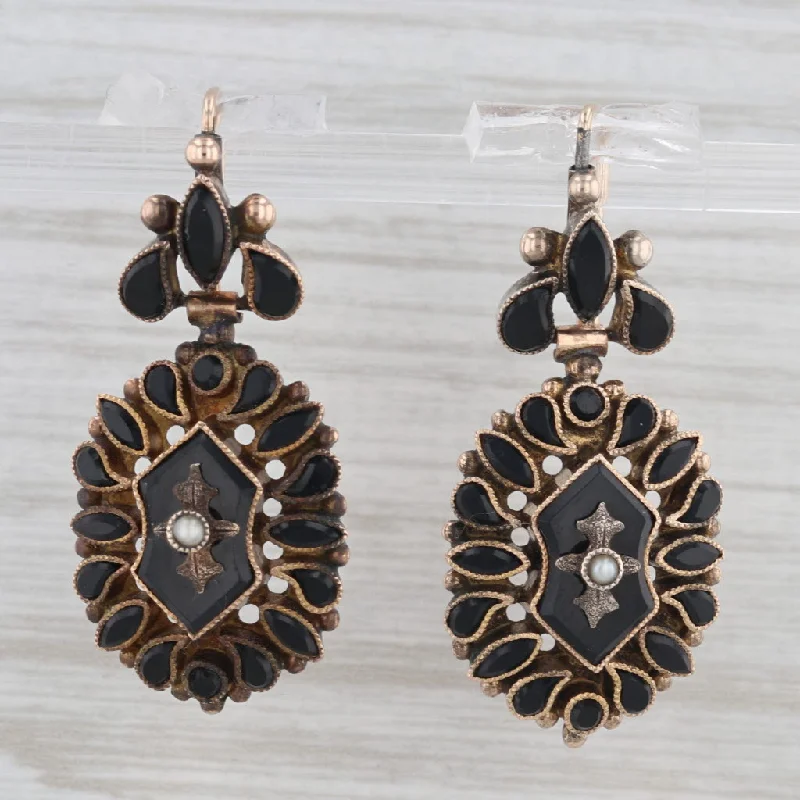 women's earrings with geometric design -Victorian Black Glass Pearl Earrings Gold Filled Antique Pierced Hook Drops