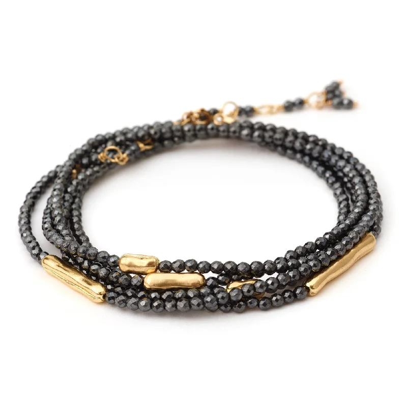 women's necklaces with celestial design -Anne Sportun Five Gold Bar Accent Hematite Beaded Wrap Bracelet & Necklace 34" B274G-HEM