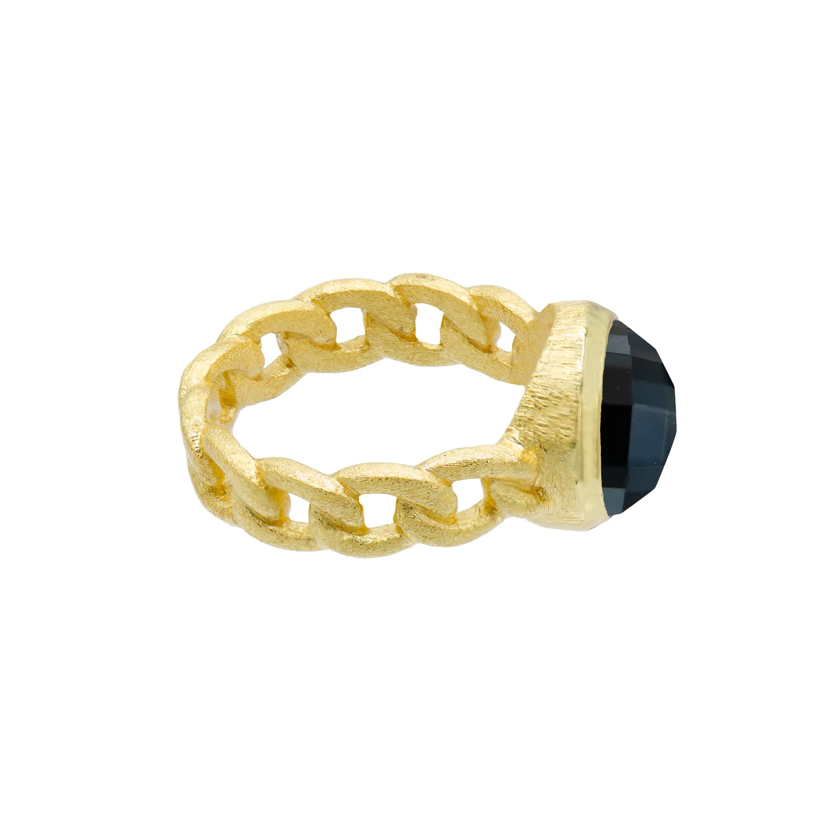 women's rings with natural diamonds -18K YG Plated Chain Ring With Dark Blue Pyrite Center Stone.