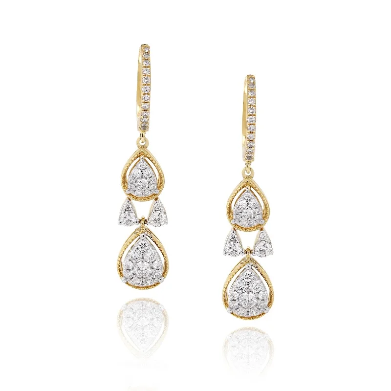 women's earrings with round stones -YELLOW GOLD DANGLE EARRINGS WITH 72 ROUND CUT DIAMONDS, .67 CT TW