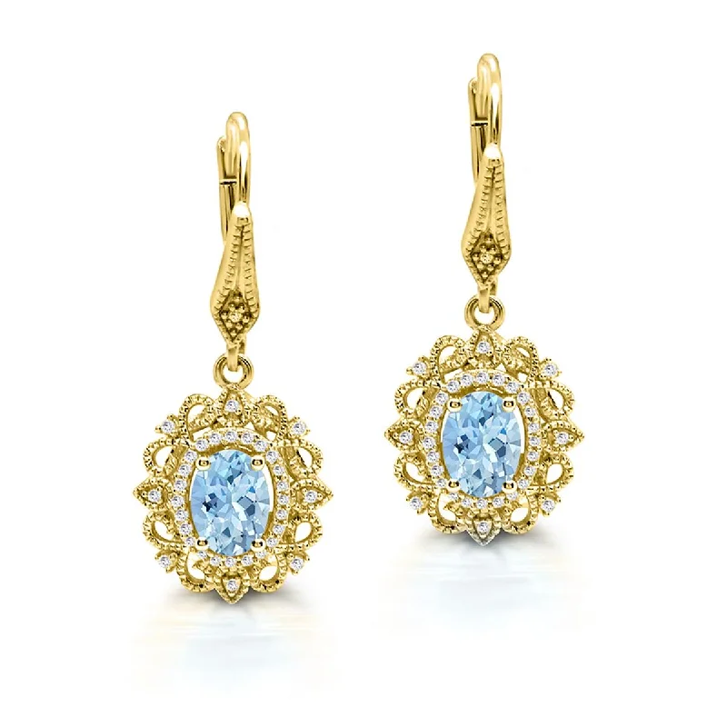 women's earrings with classic dangling style -YELLOW GOLD OVAL AQUAMARINE DANGLE EARRINGS WITH SIDE DIAMONDS, 1/6 CT TW