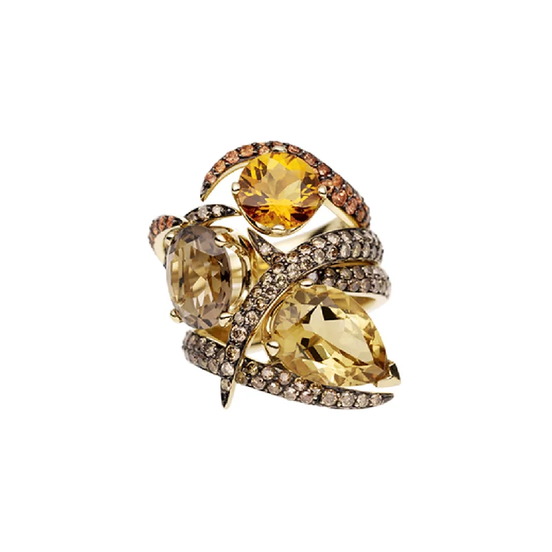 women's rings with diamond -Interlocking Aurora Ring Set - 18ct Yellow Gold & Orange Citrine, Champagne & Smokey Quartz