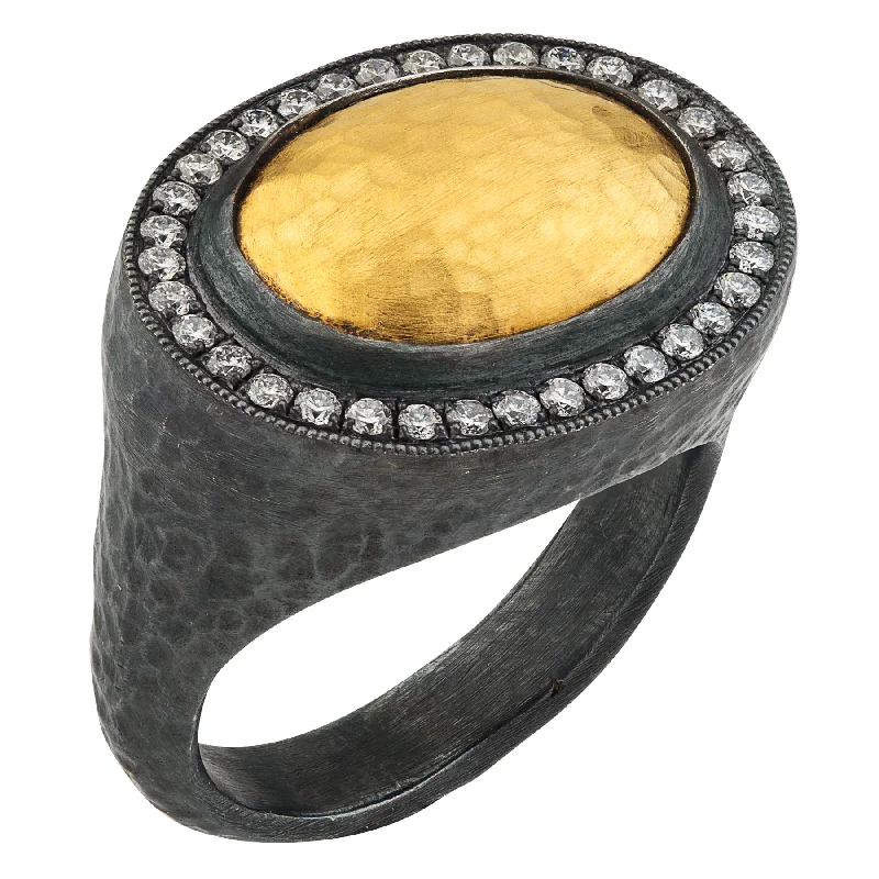 women's engagement rings with heart-shaped diamond -Lika Behar "Pompei" Oval Ring in 24K Gold & Oxidized Silver with Diamonds