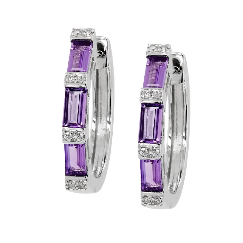 women's earrings with modern elegance -WHITE GOLD HOOP EARRINGS WITH BAGUETTE AMETHYSTS AND ROUND DIAMONDS, .05 CT TW