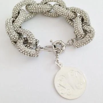 women's bracelets with modern look -Monogram Silver Pave Link Bracelet