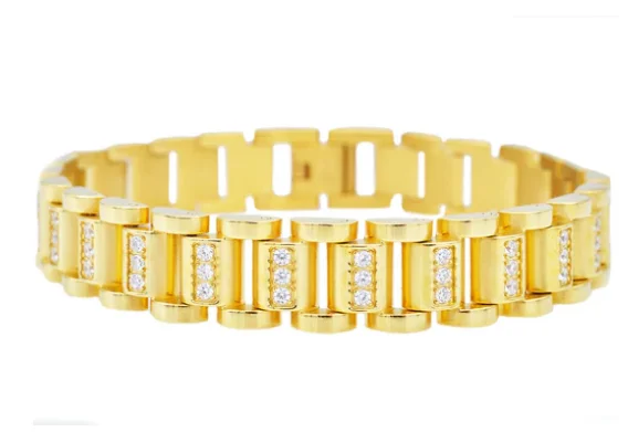 women's bracelets with dangling charms -Men's Gold Stainless Steel Link Bracelet W/ Cz's