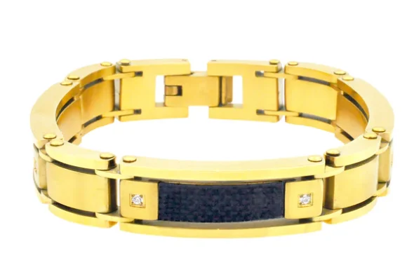 women's bracelets with clasp closure -Men's Stainless Gold Plated Steel Bracelet W/ Carbon Fiber & Cz's