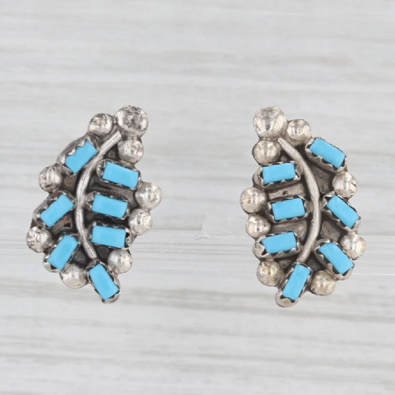 women's earrings with pearl -Vintage Lab Created Turquoise Leaf Stud Earrings Sterling Silver Native American