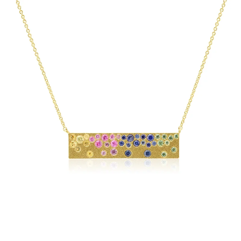 women's necklaces with emerald pendant -14kYellow Gold Bar Necklace with Pink, Blue, Yellow Sapphires and Green Tsavorite