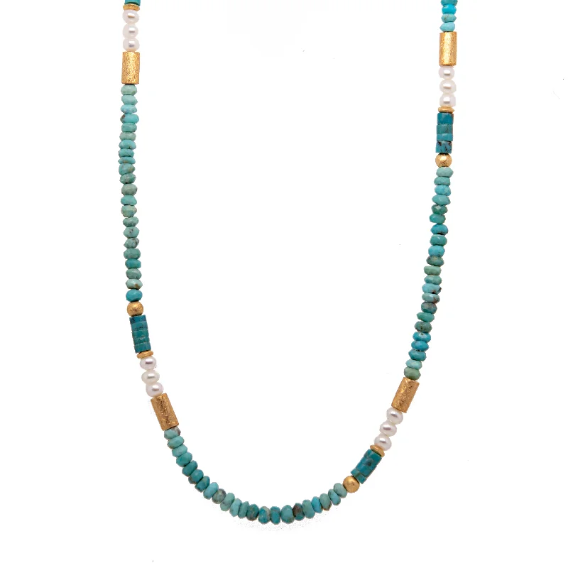 women's bracelets with beaded accents -Turquoise and White Pearls Necklace and Bracelet 24K Fair Trade Gold Vermeil