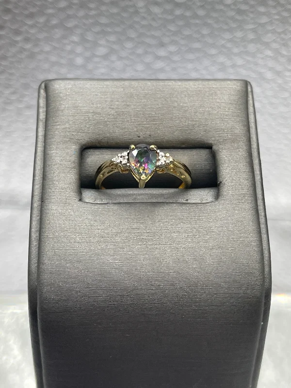 women's engagement rings with unique shape -Ladies 10 Karat Solid Yellow Gold Diamond and Mystic Topaz Ring