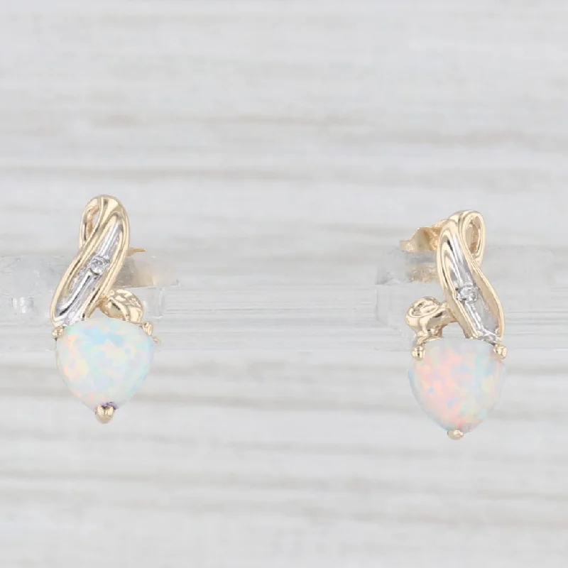 women's earrings with chandelier style -Lab Created Opal Diamond Stud Earrings 10k Yellow Gold Small Drops