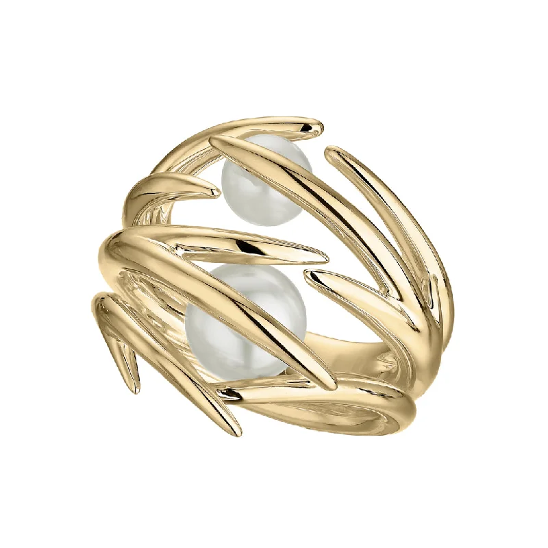 women's rings with aquamarine -Hooked Pearl Ring - Yellow Gold Vermeil