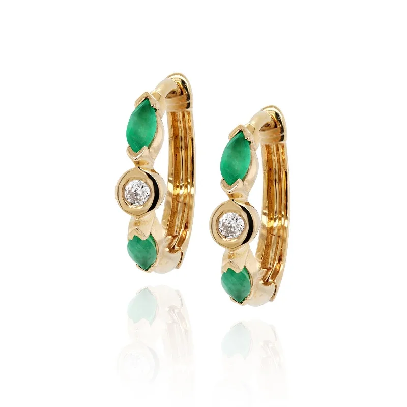 women's earrings with contemporary design -YELLOW GOLD HOOP EARRINGS WITH MARQUISE EMERALDS AND ROUND DIAMONDS, .06 CT TW