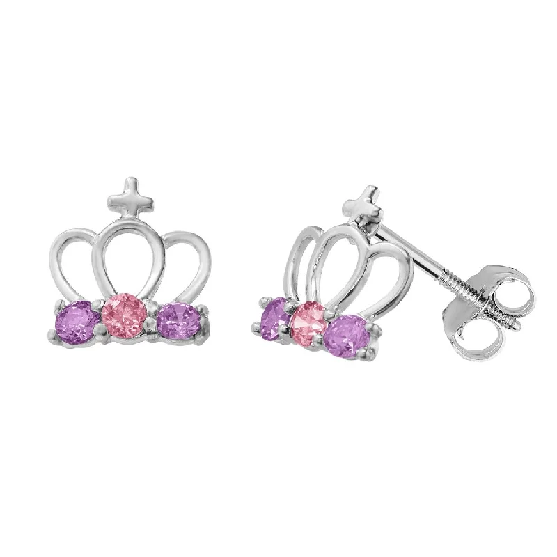 women's earrings with sparkling zirconia -STERLING SILVER CHILDREN'S CROWN STUD EARRINGS