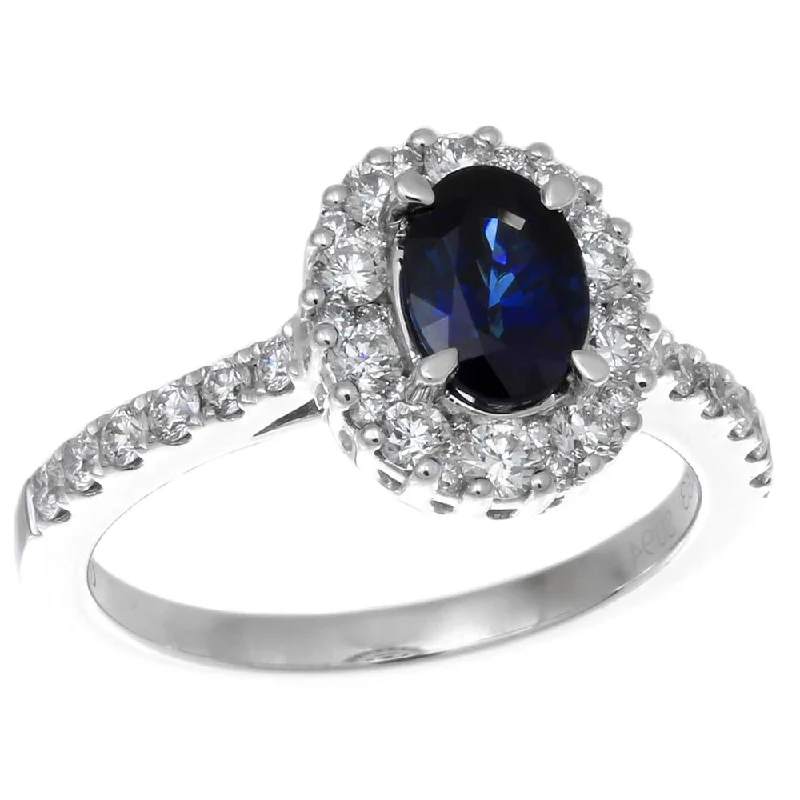 women's engagement rings with bezel setting -Oval Sapphire Diamond Halo Color Crown Collection 18K White Gold Ring