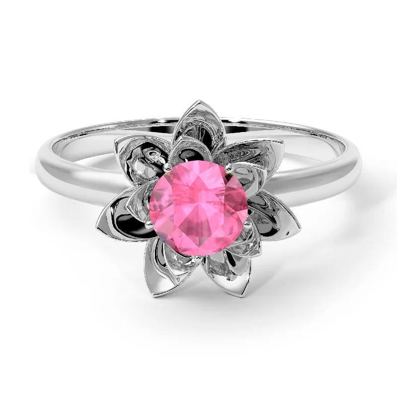 women's engagement rings with unique band -Lotus Flower Solitaire Pink Moissanite Ring - Lotus no. 803